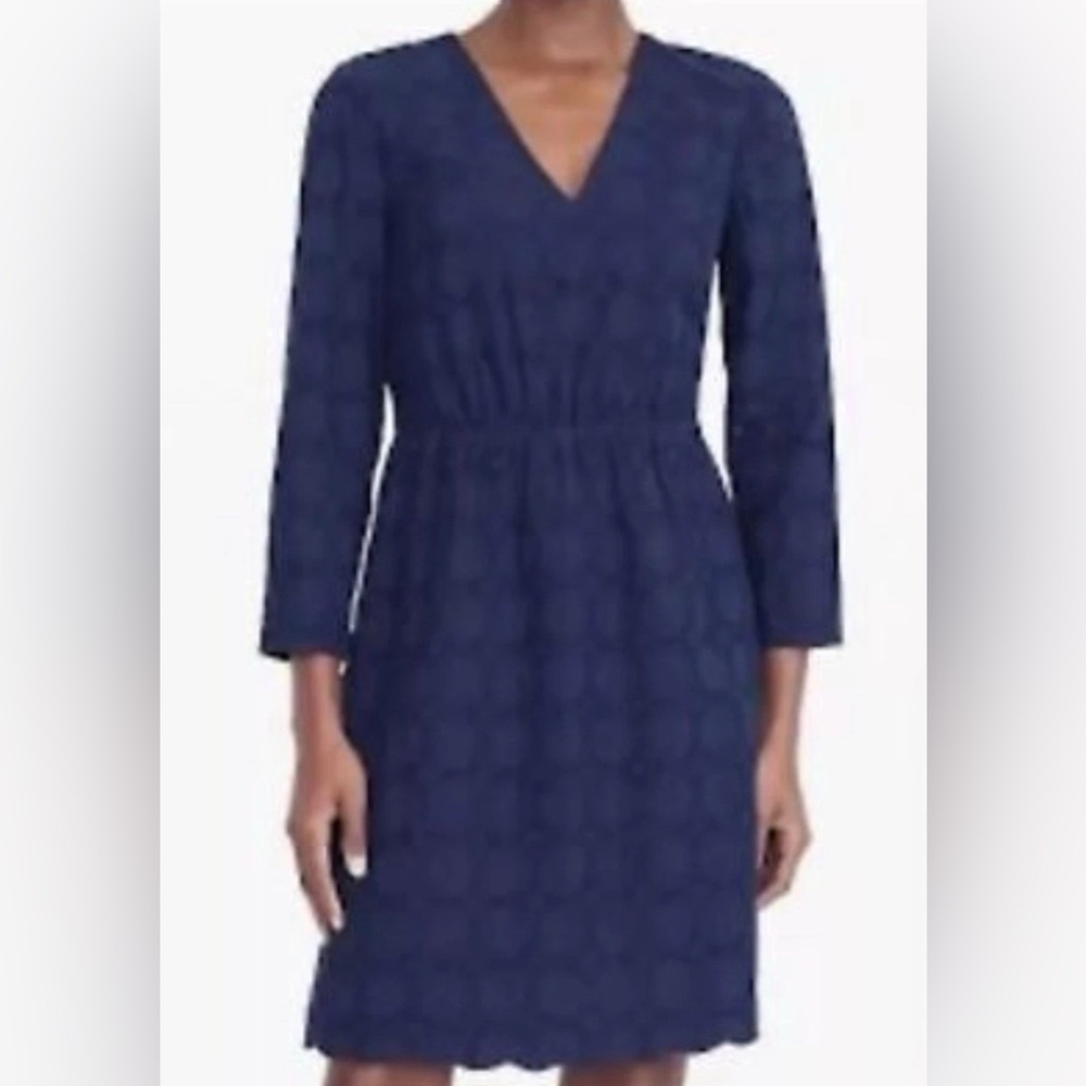 J. Crew Navy Blue Lace Eyelet V Neck 3/4 Sleeve Knee Length Dress Women's 10